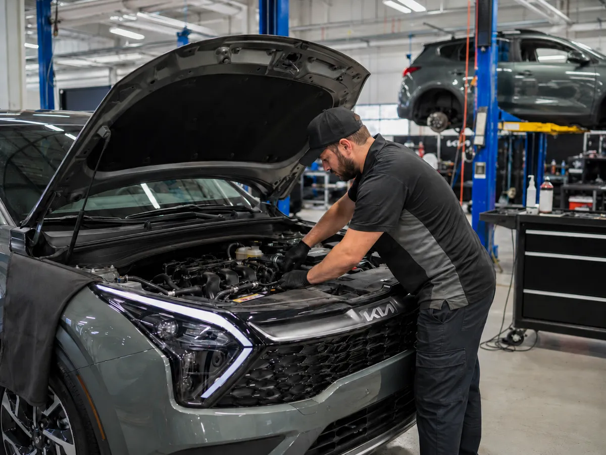 KFZ-Mechaniker arbeitet am geöffneten Motorraum eines Kia in der Werkstatt von Auto Bösing